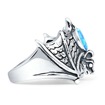 Oval 16mm Lab Created Blue Opal Flying Bat Oxidized Ring 925 Sterling Silver Wholesale